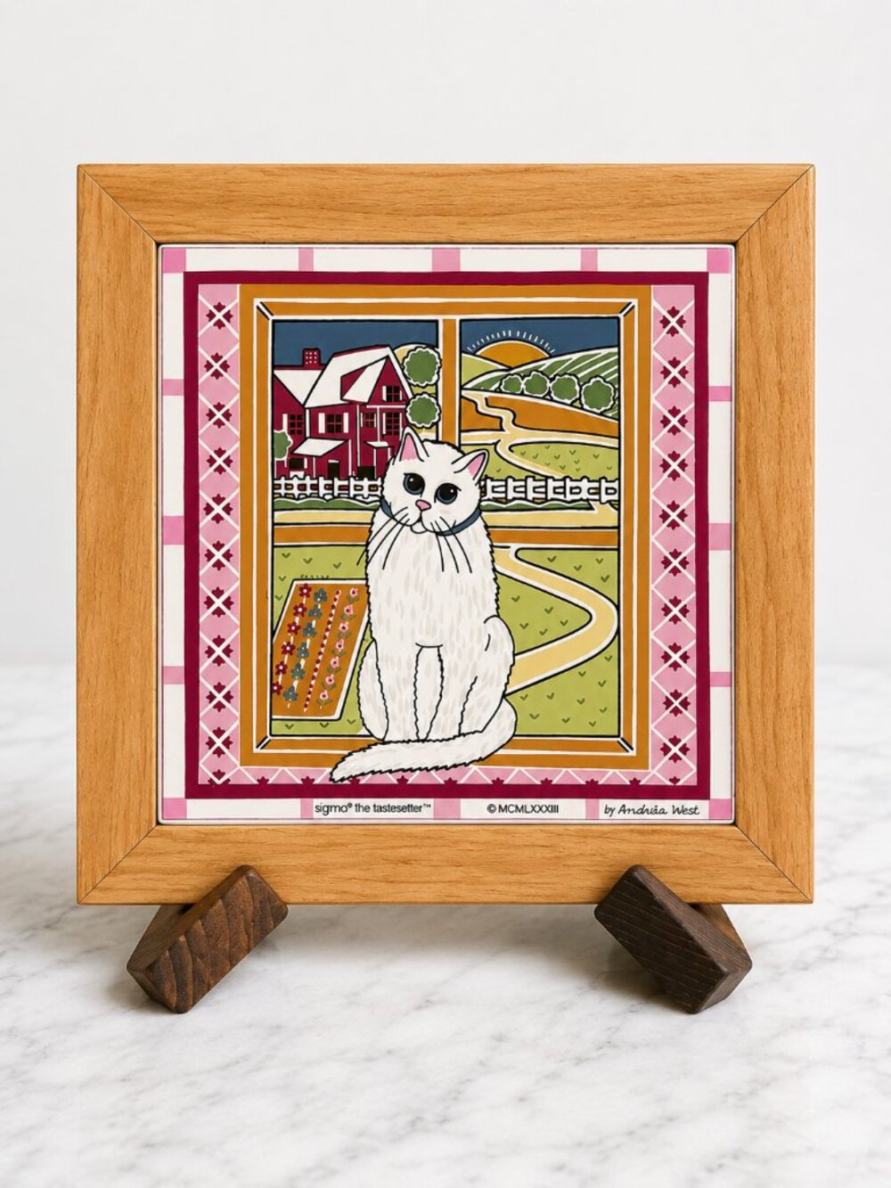 Vintage Sigma The Tastesetter Andrea West White Cat Framed Tile 1983 7"